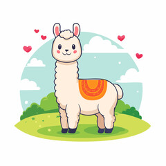 Charming Cartoon Llama with Hearts Surrounded by Nature Landscape Illustration