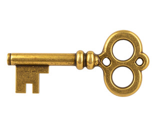  Vintage Brass Bottle Opener in the Shape of a Key, Angled View, Transparent Background PNG