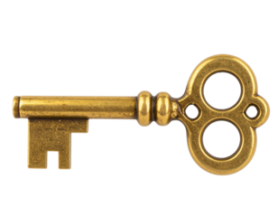  Vintage Brass Bottle Opener in the Shape of a Key, Angled View, Transparent Background PNG
