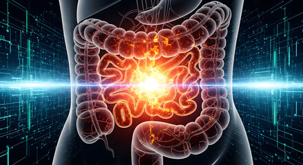 Stunning human digestive system illustration with bright digital glow for medical science presentations