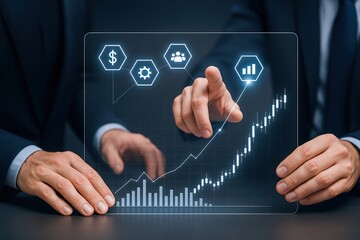Businessperson Analyzing Financial Growth Data on Transparent Screen, Future Technology Presentation, Financial Success and Planning