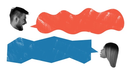 Man and woman facing each other in artistic collage with colorful speech bubbles. Concept of communication, dialogue, and creative exchange, with copy space for social media banners.