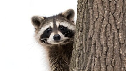 Obraz premium Curious Raccoon Peeking From Behind Tree A captivating close-up reveals a raccoon's masked face peering playfully from behind a textured tree trunk, offering a glimpse of the wild's charm. white backg