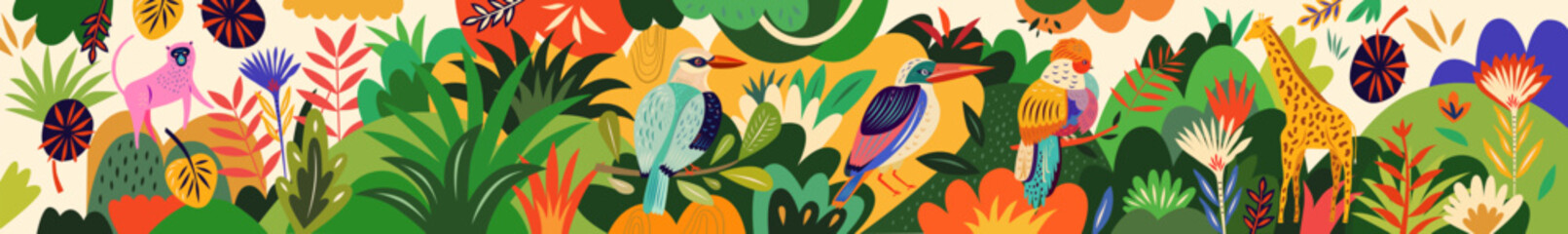 Vector colorful banner with birds and animals