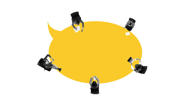 Contemporary collage of business team meeting around yellow speech bubble top view. Concept of teamwork, brainstorming, communication, and idea exchange with copy space in center.