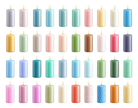  Set of Realistic Cylindrical Scented Candles — Multiple Colors, Transparent Background PNG - Powered by Adobe