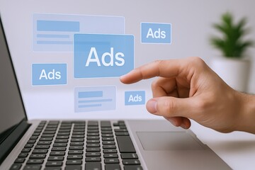 Online Advertising Concept: Hand Touching Virtual Ads on a Laptop, Digital Marketing and Business Growth