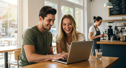 young couple using laptop in cafe steadicam shot, Smiling colleagues discussing ideas together at an office using a laptop