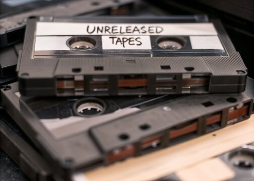 Concept for the music industry and lost media. A pile of vintage audio cassettes, representing demo or bootleg recordings, with a label that says Unreleased tapes.