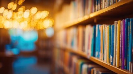 Colorful books on library shelves under warm evening lighting