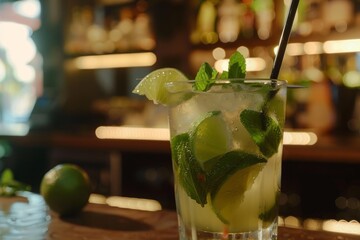Glass of refreshing mojito cocktail is garnished with lime and mint on a bar counter