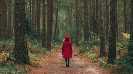 Fototapeta premium Woman in red coat walking forest path