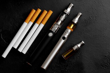 Cigarettes and vaping devices on dark surface