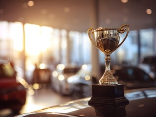 Golden trophy cup on a car hood in a modern showroom with sunlight. Achievement, success, and automotive excellence award concept.