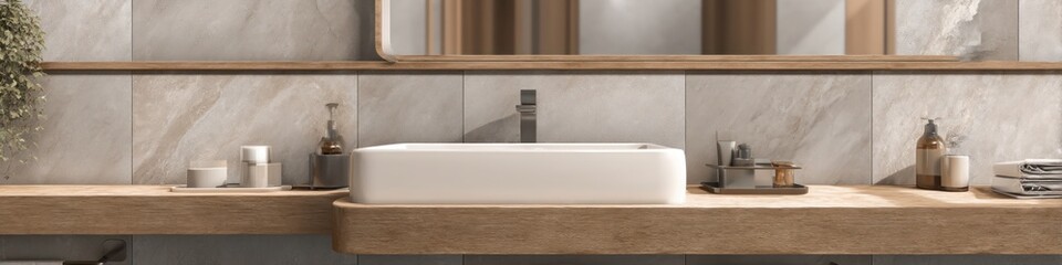A modern bathroom vanity with a white sink, wooden countertop, and minimalist decor reflecting elegance