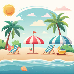 Obraz premium A serene beach landscape featuring sunny skies, palm trees and relaxation essentials