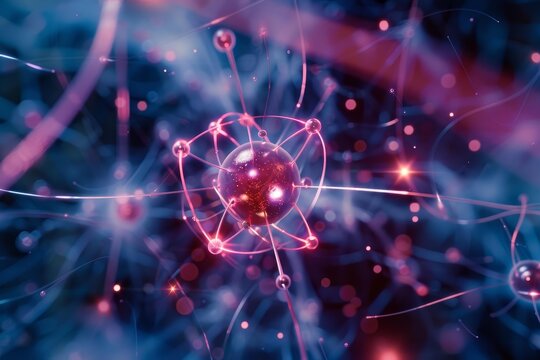 Abstract atom model glowing with pink and purple energy, surrounded by other particles and connections, creating a sense of scientific mystery and discovery