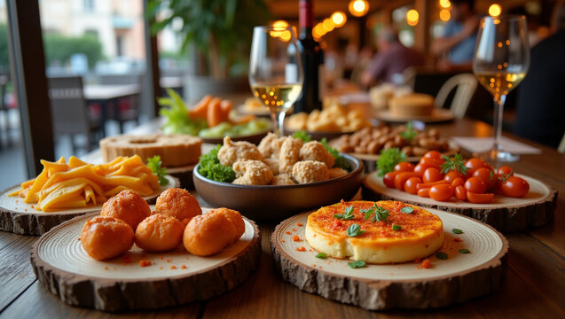 A Vibrant Selection of Traditional Spanish Tapas Arranged Artfully on Wooden Serving Boards