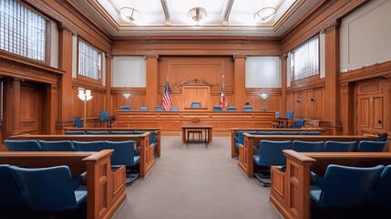 Empty courtroom interior with seats, witness stand, judge's bench, and United States flag, representing law and justice