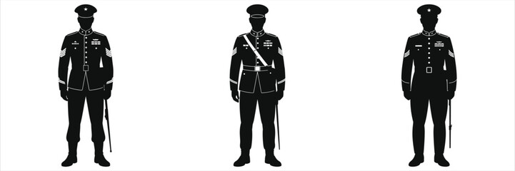 Silhouette Vector Illustration of Military Officers in Formal Dress Uniform – Army Ceremonial Parade, Armed Forces, Honor Guard with Sword, Soldier Rank Insignia, and Professional Service Attire 