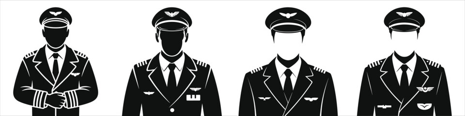 Four Pilot Silhouettes in Uniforms: Black and White Vector Illustration of Airline Captains for Branding, Advertising, Aviation Marketing, Editorial Art, and Corporate Identity