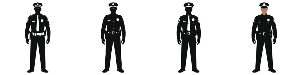 Four police officer silhouettes in uniform vector illustration for branding and marketing: law enforcement imagery, security concepts, crime prevention, policing visuals in monochrome black and white.