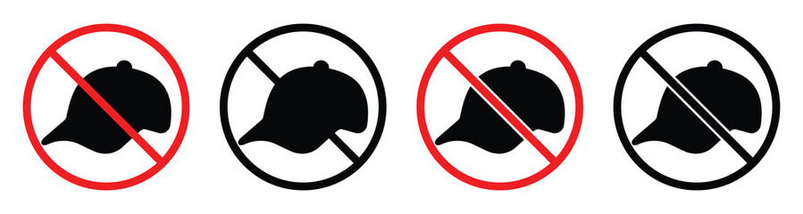 No Caps Allowed Sign, Red Prohibition Circle with Baseball Cap Silhouette on White Background.
