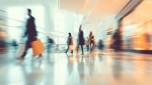 Busy shopping mall people walking in motion blur
