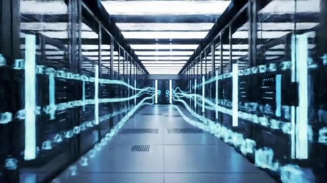 Dynamic data flow through futuristic server room with glowing blue digital streams connecting servers - Powered by Adobe