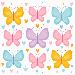 Colorful butterflies pattern on white background, children's spring or summer illustration