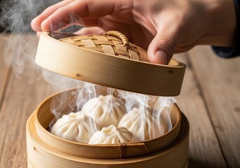 Close-up of dim sum revealed as bamboo lid is lifted, steam visible, Ai Generate.