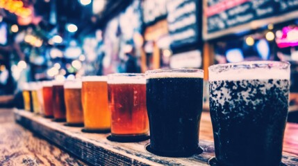 Diverse selection of craft beers displayed in a lively bar setting