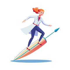 Creative female doctor surfing on a giant surgical scalpel in dynamic medical concept vector illustration for healthcare innovation designs