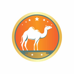 Elegant camel emblem with stars on orange background gold border vintage design