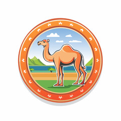 Cartoon Camel in Scenic Landscape Circle Emblem Illustration, Captivating Graphic Style