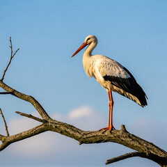 White stork perched on a bare tree branch against a blue sky