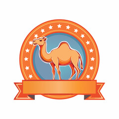 A stately camel emblem encircled by stars and an orange ribbon banner for messages