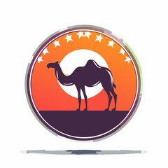 Silhouette of a camel in a stylized desert sunset emblem with star accents