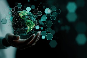 A global network encompassing the earth, held in a hand.