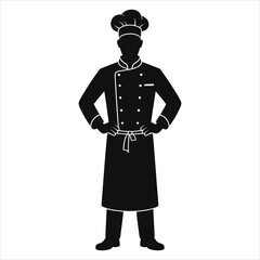 Chef Silhouette Icon Full Body – Professional Cook in Uniform, Apron, and Hat, Hands on Hips, Black and White Vector Illustration, Culinary Art Symbol, Restaurant Staff, Minimalist Food Industry