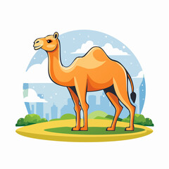 A charming camel illustration amidst a modern city backdrop in minimalist art style