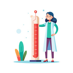 Female doctor standing beside oversized thermometer resembling measuring ruler, symbolizing medical temperature check, healthcare diagnostics, and patient wellness illustration