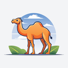 Cartoon Camel Amidst a Scenic Landscape, Showcasing a Desert Wildlife Illustration