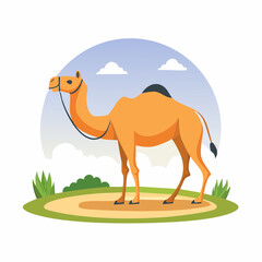 Cartoon camel standing gracefully on a desert landscape with blue sky background