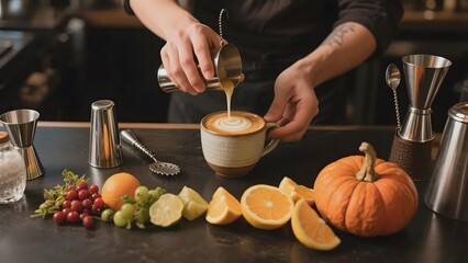 Barista pouring coffee into a cup beside autumnal fruits and a pumpkin on a bar counter