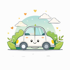 Playful journey: Whimsical cartoon car amidst lush greenery and dreamy clouds scenery