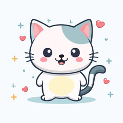 Adorable cartoon cat with heart accents, radiates charm and playful cuteness, captivating eyes