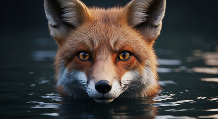  Close-up of an adult fox with reddish-orange fur and white-black accents emerging from dark murky water, bright amber eyes focused with curious intensity, dramatic lighting highlighting its alert 