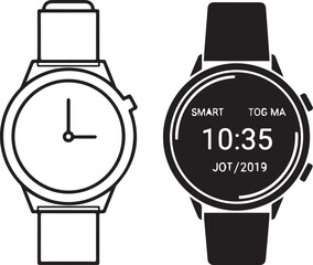 Vector drawing of two smartwatches with different designs, black and white illustration