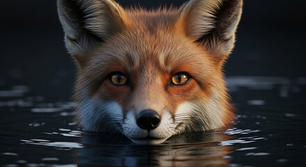  Close-up of an adult fox with reddish-orange fur and white-black accents emerging from dark murky water, bright amber eyes focused with curious intensity, dramatic lighting highlighting its alert 
